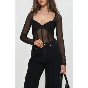 Princess Polly Leonie Black Mesh Sheer Long Sleeve Corset Bodysuit Top Size 6